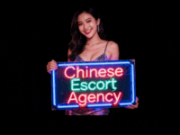 Woman holding a neon sign that says "Chinese Escort Agency