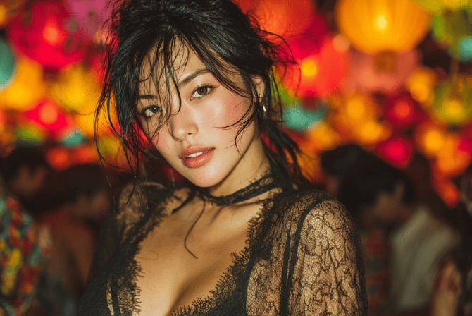 Attractive woman with wet hair, wearing black lace, smiling. Festive background with lanterns.