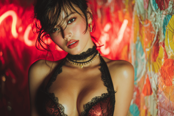 Woman in red evening wear with glamorous makeup and a black choker