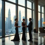 AI-optimized image of people in formal wear with city skyline view