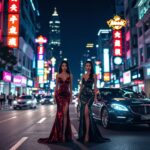 Two women in gowns on a city street at night with neon lights and a luxury car.