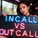 Woman holding "INCALL vs OUTCALL" neon sign in a bar setting.