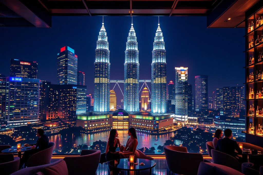 Kuala Lumpur skyline view from rooftop bar, featuring Petronas Twin Towers at night.