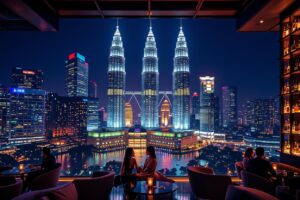 Kuala Lumpur skyline view from rooftop bar, featuring Petronas Twin Towers at night.