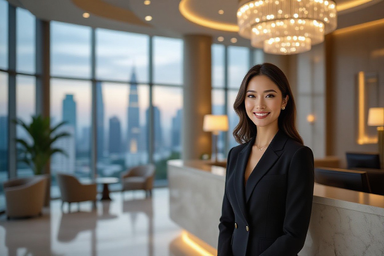 Smiling Asian woman in a black suit at a modern hotel reception desk with city skyline in the background.