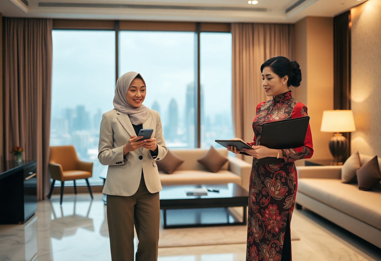 Two businesswomen in a modern hotel suite, one in a hijab, discussing work.